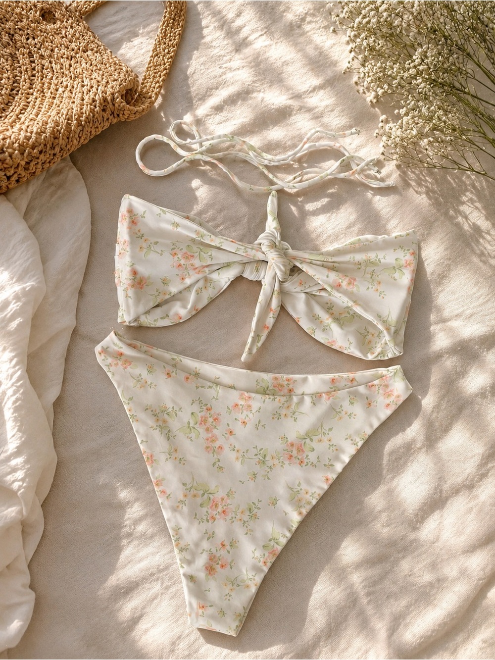 Skatie Ivory Floral Tie-Front Bandeau Bikini